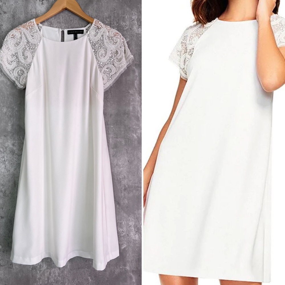 Beaded Mesh Short Sleeve Crepe Shift Dress cocktail gown wedding bridal